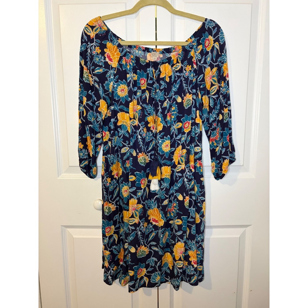 Ann Taylor Loft Beach Floral Shift Dress Navy Blue Tassel Tie Off Shoulder Small